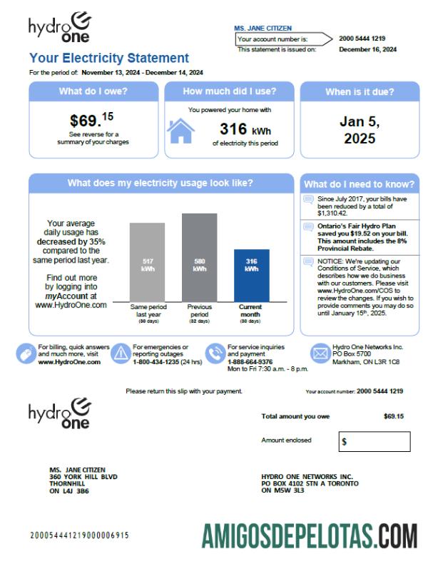 para download Modelo de conta de serviços públicos Hydro One do Canadá em formatos Word e PDF, versão 2